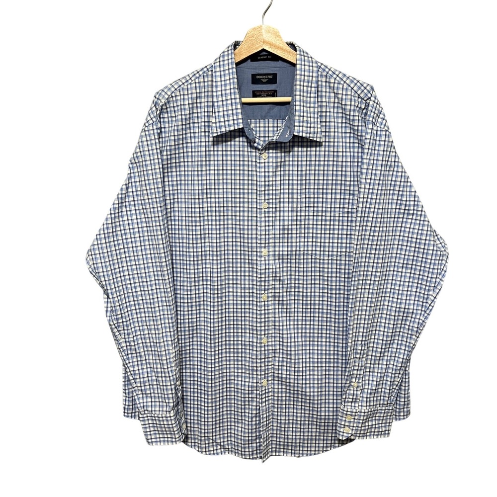 Dockers‎ XXL Classic Fit Blue Plaid Long Sleeve Button Down Shirt Stain Defender